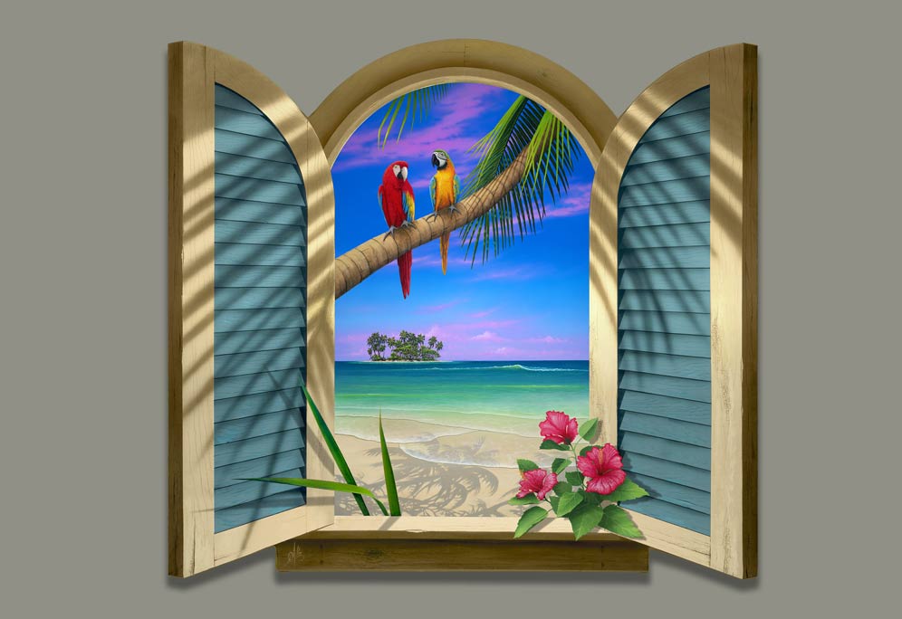 Two Parrots At The Beach Painting